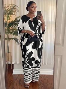 SHEIN Lady CURVE 大尺碼女款拼色休閒優雅日常度假夏季旅行洋裝 早午餐正式度假花卉白色 - 黑色 - 查看 4