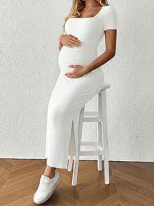SHEIN Maternity Casual Solid Color Side Slit Fitted Dress, Summer - White - View 4