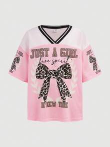 SHEIN Girlism Tween Girls Y2K 休闲街头服饰豹纹蝴蝶结标语图案印花网眼拼接 V 领宽松短袖针织 T 恤，粉色 - 粉色 - 查看 8