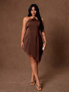 Rustia Plus Size Women Lace Patchwork Casual Party Halter Neck Dress - Coffee Brown - View 1