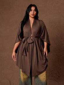 Rustia Jaket Kasual Wanita Ukuran Besar Warna Polos Lengan Kelelawar dengan Ikat Pinggang untuk Musim Gugur - Coklat - View 3