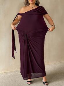 SHEIN CURVE+ Plus Size Elegant Casual Celestial Party Cocktail Formal Evening Dinner Solid Color Asymmetric Neckline Summer 2026 22W Wedding Dark Green - Purple - View 2