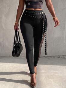Eryvara Women's New Double Layer Waist Ring Tie Leggings, Side Slit Mesh Patchwork Slim Fit Long Pants - Black - View 7
