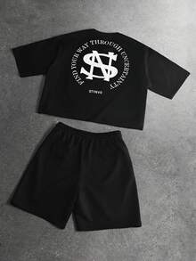 STYNVO 男士字母印花落肩袖T恤與短褲休閒套裝 - 黑色 - 查看 6