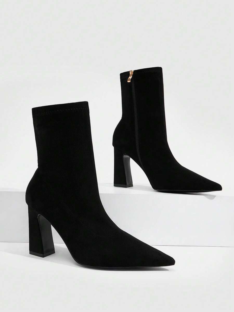 CUCCOO SZL Women's Black Faux Suede Pointed Toe Block Heel Ankle Boots With Zipper Fall Boots - Black - View 1