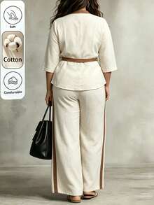 Linhara CURVE Plus Size Women's Spring/Autumn Minimalist Button Contrast Color Tie Long Sleeve Top And Striped Casual Loose Pants 2-Piece Set, Suitable For Daily Wear, Casual And Elegant - Multicolor - View 2