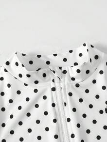 SHEIN Tween女孩白色波點印花領口拉鍊修身休閒套裝附內搭褲，運動套裝 - 白色 - 查看 7