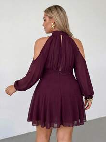 Auralis Plus Size Women's Solid Color Open Shoulder Long Sleeve Fashion Dress Wedding Vacation Wedding Guest Outfits Beach Burgundy Autumn Elegant Formal Fall - Burgundy - View 3