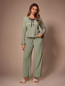 SHEIN Women's Casual Knitted Jacquard Tie Bow Loungewear Pajama Set - Green - View 3