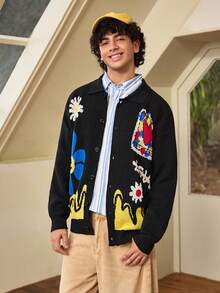 Devon Thys ANDREILEE Men's Casual Loose Solid Color Cardigan Sweater With Heart, Wave, Letter Graphic, V-Neck, Button Front, Long Sleeve, Knit Top For Autumn/Winter - Black - View 1