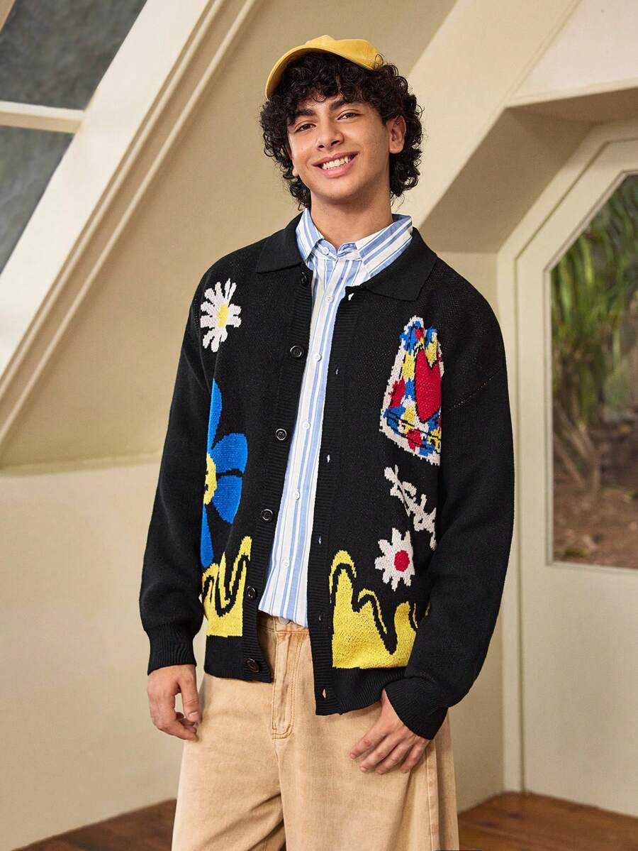 Devon Thys ANDREILEE Men's Casual Loose Solid Color Cardigan Sweater With Heart, Wave, Letter Graphic, V-Neck, Button Front, Long Sleeve, Knit Top For Autumn/Winter - Black - View 1