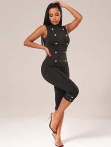SHEIN SXY Two-Piece Set: Black Stretchable Knitted High-Neck Sleeveless Fitted Button-Front Pullover And A High-Waist Seven-Inch Long Base Pant, Golden Buttons. - Black - View 5