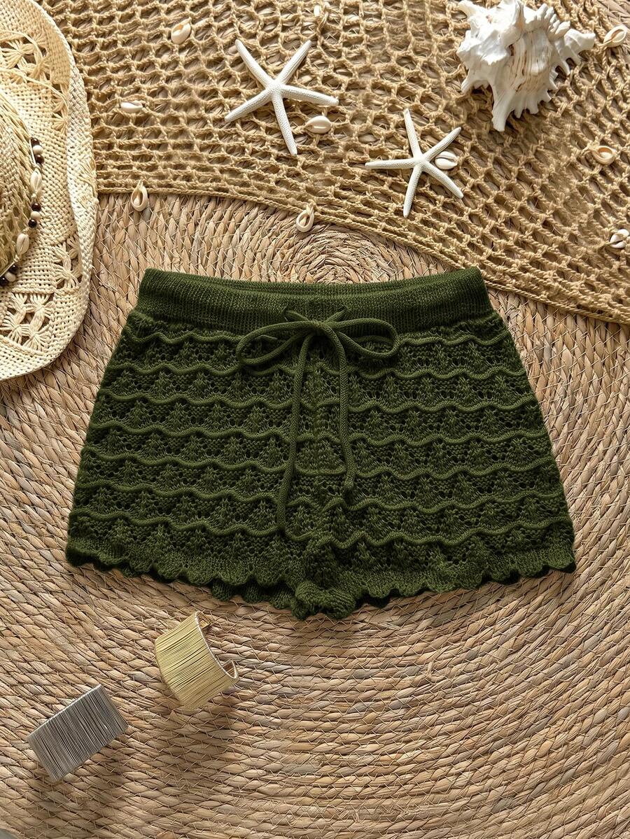 Soleia Knitted Crochet Drawstring Hollow Out Fitted Shorts - Army Green - View 1