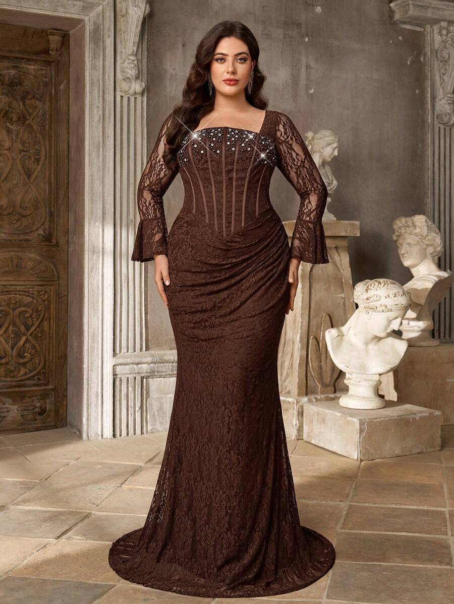 Aureia Vestido de Talla Grande Elegante Romántico Color Café con Encaje Cuello Cuadrado Artesanía de Cuentas Computarizadas Fruncido en Forma de Espina de Pez Ajustado con Bajo de Sirena para Fiesta Baile Vacaciones Boda Evento Cena de Noche Invitada - Café integral - Ver 1