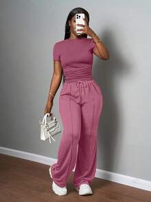 Slaydiva 2025 Women's Casual Dusty Rose Summer Lounge Set,Solid Round Neck Slim Short Sleeve T-Shirt & Drawstring Waist Straight Pants Two Pieces Set,Party - Dusty Pink - View 4