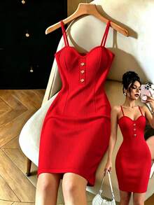 Franclia Slim Fit Metal Buckle Decor Spaghetti Strap Women's Dress - Red - View 1