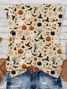Mellowie Halloween Pumpkin & Bat Print Plus Size Casual V-Neck Ruffle Blouse, Suitable For Summer And Party - Multicolor - View 2