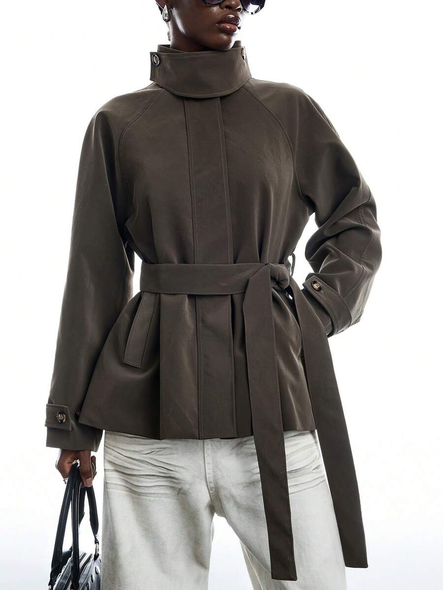 LYSMO Jaket Lengan Panjang Wanita Warna Polos Kasual Serbaguna untuk Sehari-hari - Coklat - View 1