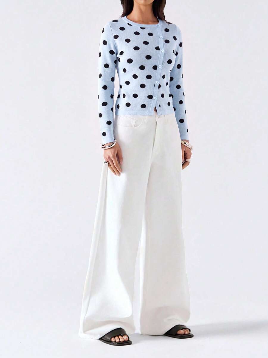 LYSMO Women's Polka Dot Casual Versatile Daily Wear Cardigan - Baby Blue - View 1