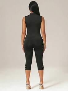 SHEIN SXY Two-Piece Set: Black Stretchable Knitted High-Neck Sleeveless Fitted Button-Front Pullover And A High-Waist Seven-Inch Long Base Pant, Golden Buttons. - Black - View 2