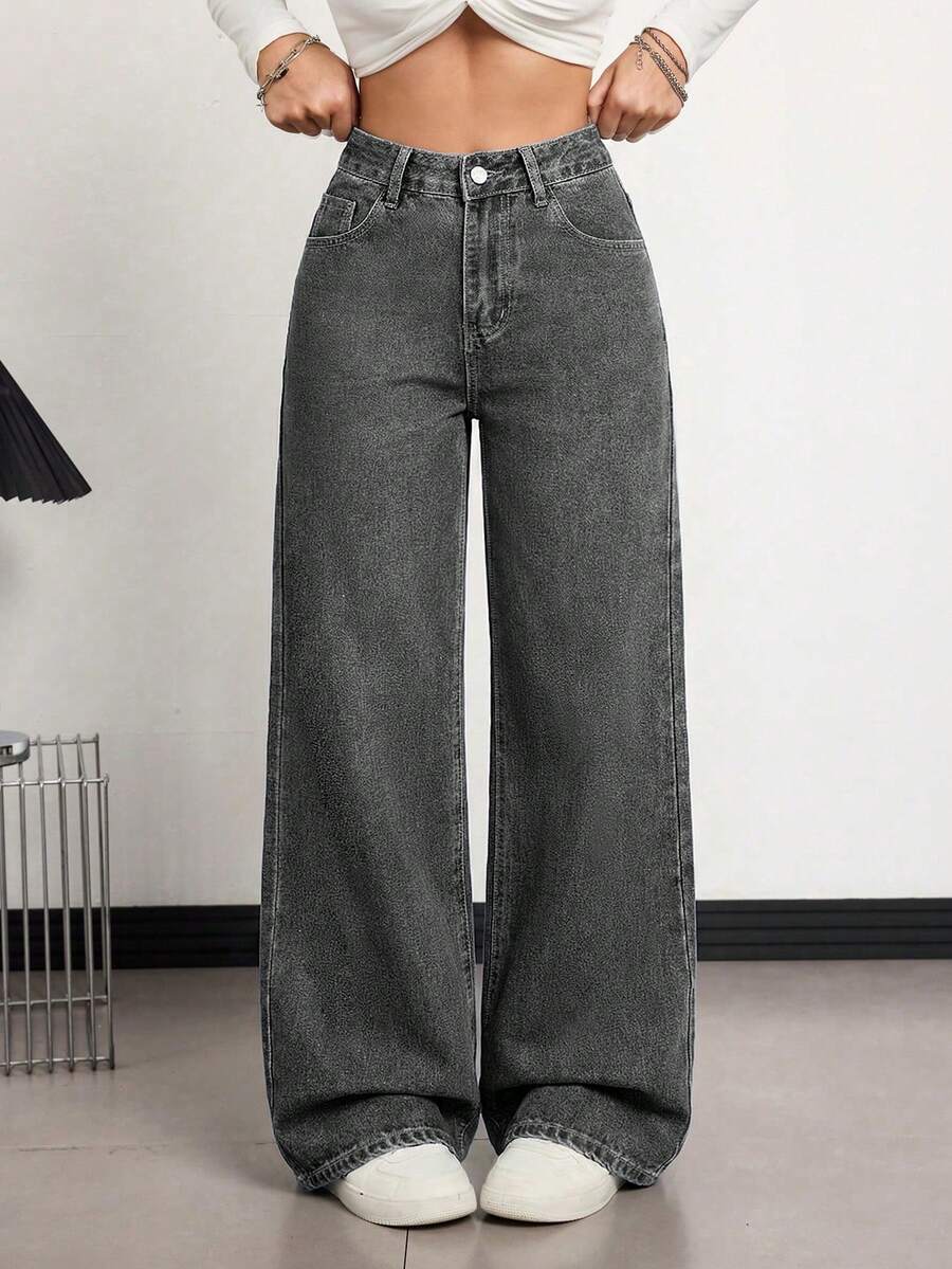 SHEIN Tall 女款寬腿鬆垮休閒百搭牛仔褲,附口袋 - 灰色 - 查看 1