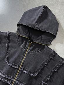 ROMWE MEN Men's Plus Size Frayed Hem Zipper Front Hooded Denim Jacket - Black - View 4