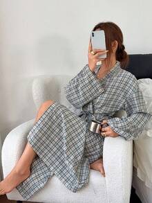 Napfluff رداء طويل الأكمام بنقشة مربعات عتيقة بسيطة، خصر برباط ملابس منزلية مريحة - متعدد الألوان - مشاهدة 7