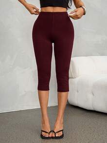 SHEIN PETITE 女款 95% 棉 Caprileggings 七分緊身褲 - 酒紅色 - 查看 7
