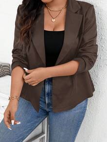 SHEIN Essnce Plus Size Vintage Button Long Sleeve Lapel Blazer Jacket For Office And Commute - Chocolate Brown - View 4