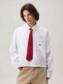 Vaulklash Men's Letter Embroidered Long Sleeve Shirt With Tie, Button Up Office Shirt - White - View 4