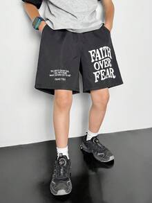 SHEIN Tween Boy 休闲纯色装饰口袋松紧腰短裤，适合秋季、春季、夏季，适合户外玩耍、学校、街头风格、派对和居家休闲 - 黑色 - 查看 3