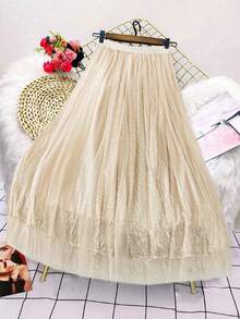 SHEIN Unity Plus Size Women A-Line Mesh Skirt With Elastic Waist And Glitter Decor, Mid-Length - Apricot - View 2