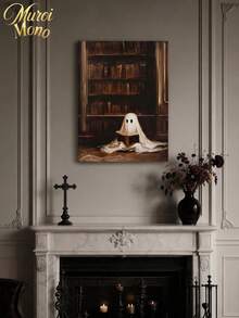Muroi Mono 1pc Dark Academia Canvas Wall Art, Retro Painting Of Cute White Ghost Reading Book In Old Library, Gothic Spooky Art Print Poster, Home Aesthetic Wall Hanging Decor For Living Room Bedroom Halloween Decor - multicolor - View 7
