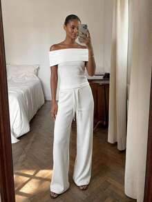 Livesso 2pcs/Set Off-White Ribbed Knit Open Shoulder Short Sleeve Fitted Top With Drawstring Wide Leg Long Pants Autumn Brunch Lounge Casual - White - View 1