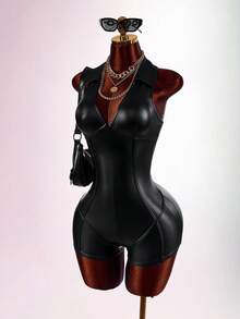 Amplova Women's Solid Color PU Leather Casual Daily Wear Romper - Black - View 3