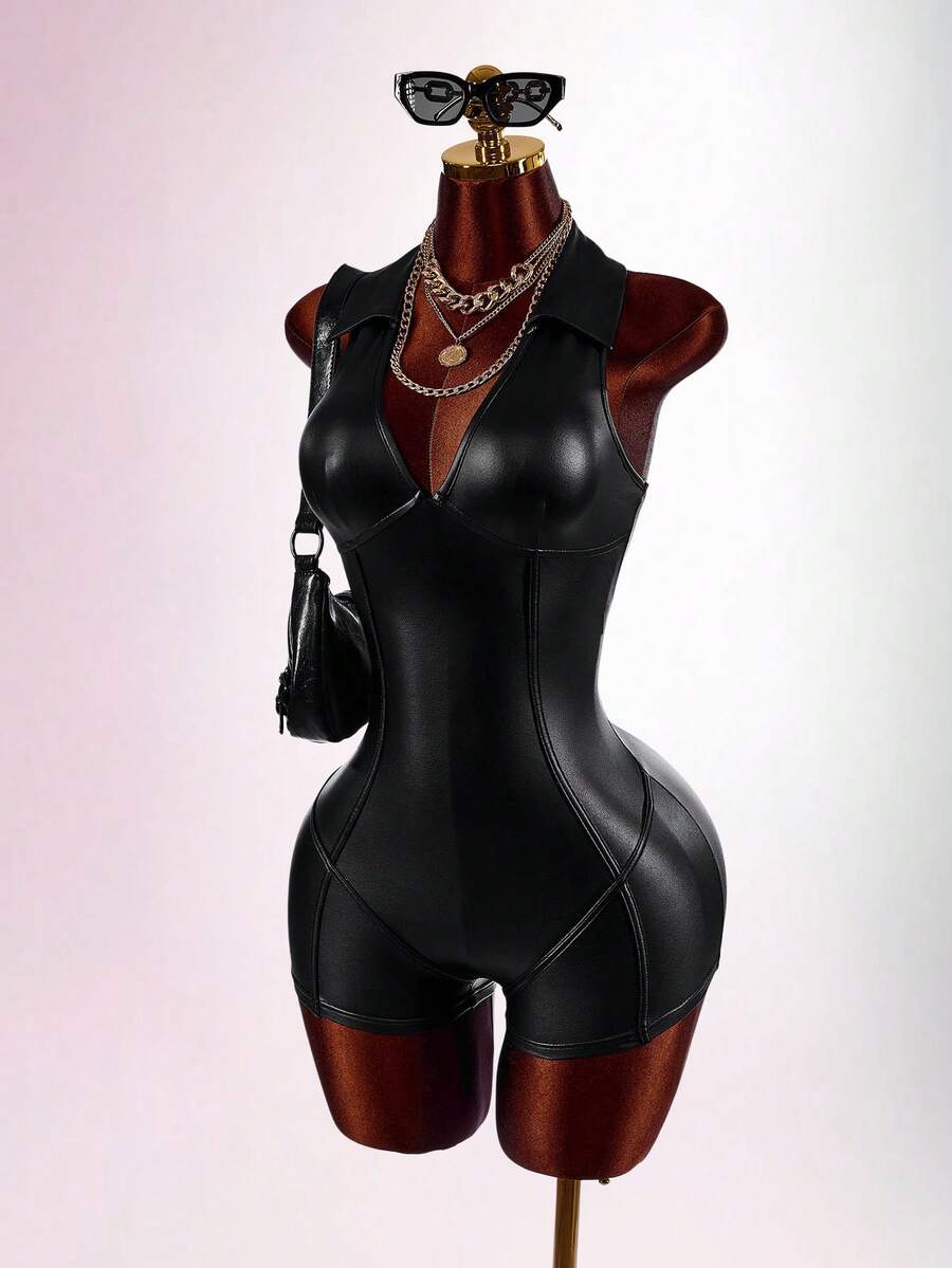 Amplova 女款純色PU皮革休閒日常穿搭連身褲 - 黑色 - 查看 1
