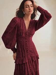 Anewsta V-Neck Puff Sleeve Cinched Waist Elegant Dress Maxi Women Outfit - Burgundy - View 5