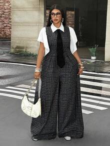 Mawevolt Sleeveless Tank Top Wide Leg Jumpsuit + White Puff Sleeve Blouse 2-Piece Set, Preppy Commuter Outfit, Plus Size Women's Set - Black and White - View 1