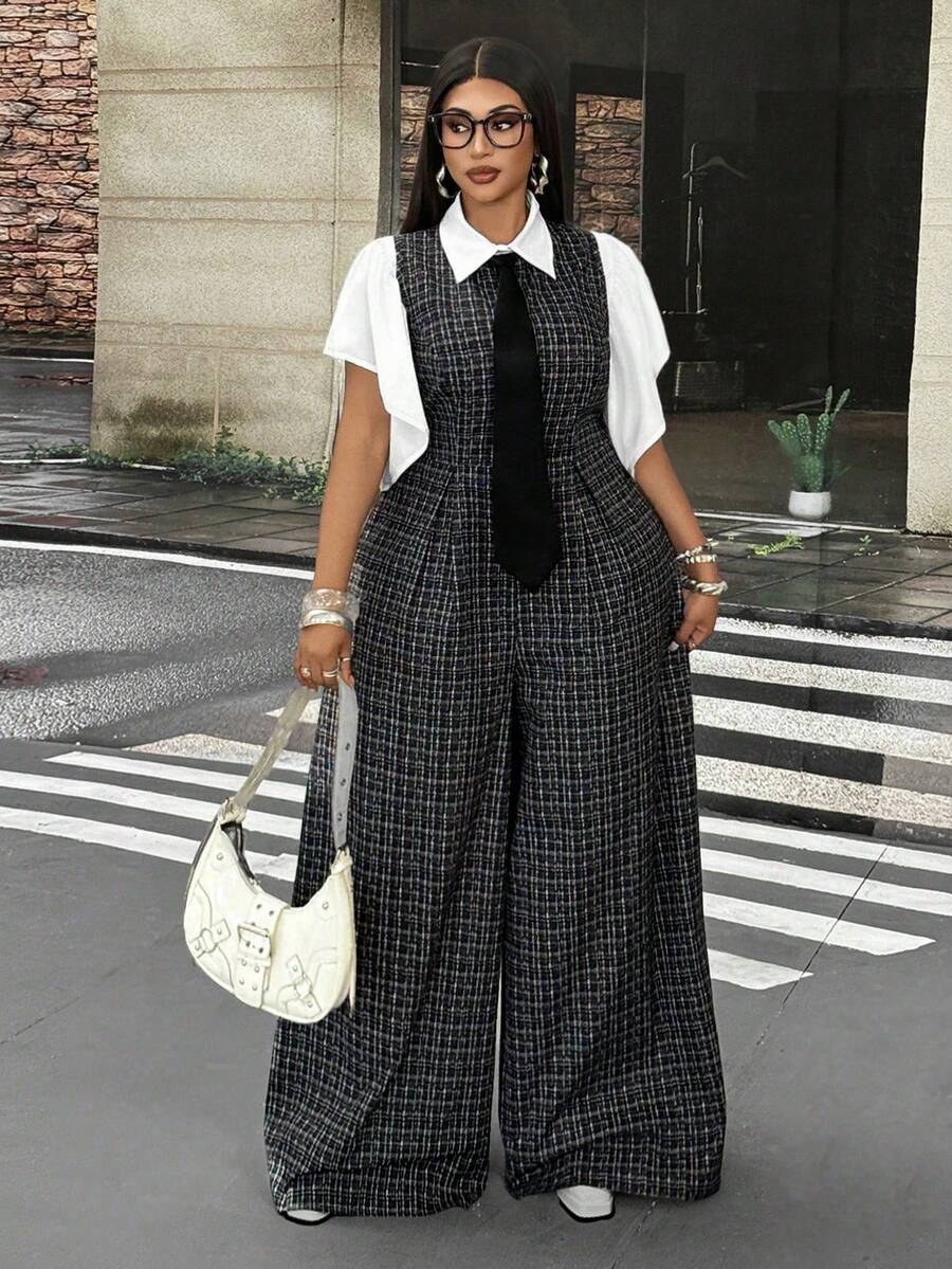 Mawevolt Sleeveless Tank Top Wide Leg Jumpsuit + White Puff Sleeve Blouse 2-Piece Set, Preppy Commuter Outfit, Plus Size Women's Set - Black and White - View 1
