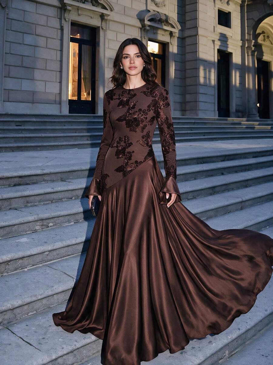 Anewsta Women Floral Textured Splice Round Neck Bell Sleeve Elegant Dress Dinner Date Brown Autumn