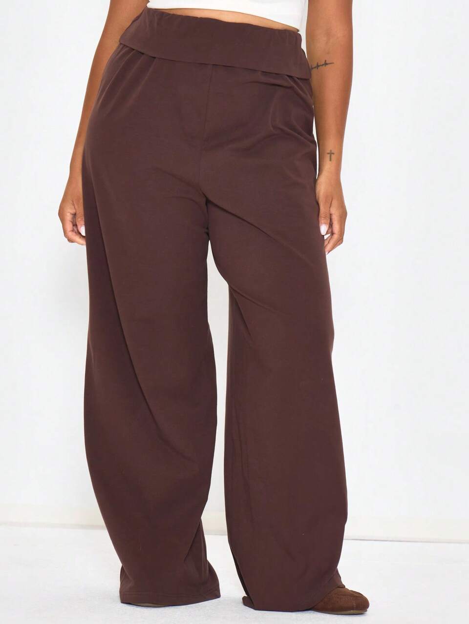 Plus Size Brown Stripe Detail Straight Leg Joggers Spring Summer Casual Everyday Day Outfit Going Out