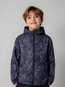 SHEIN 兒童男童休閒字母圖案印花連帽外套，輕量寬鬆拉鍊連帽夾克，開學季秋冬校園穿搭黑色款 - 彩色 - 查看 1