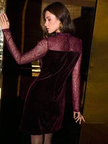 MOTF PREMIUM FASHIONABLE ELEGANT SEXY HIGH NECK SEMI-SHEER LACE WAIST-CINCHING SLIMMING EMBROIDERED LACE TRIM SHORT DRESS - Red Violet - View 7