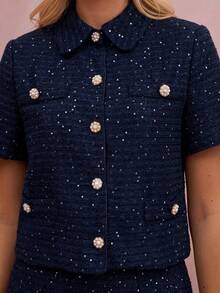 Enchnt Women's Elegant Commute Short Sleeve Jacket - Navy Blue - View 3