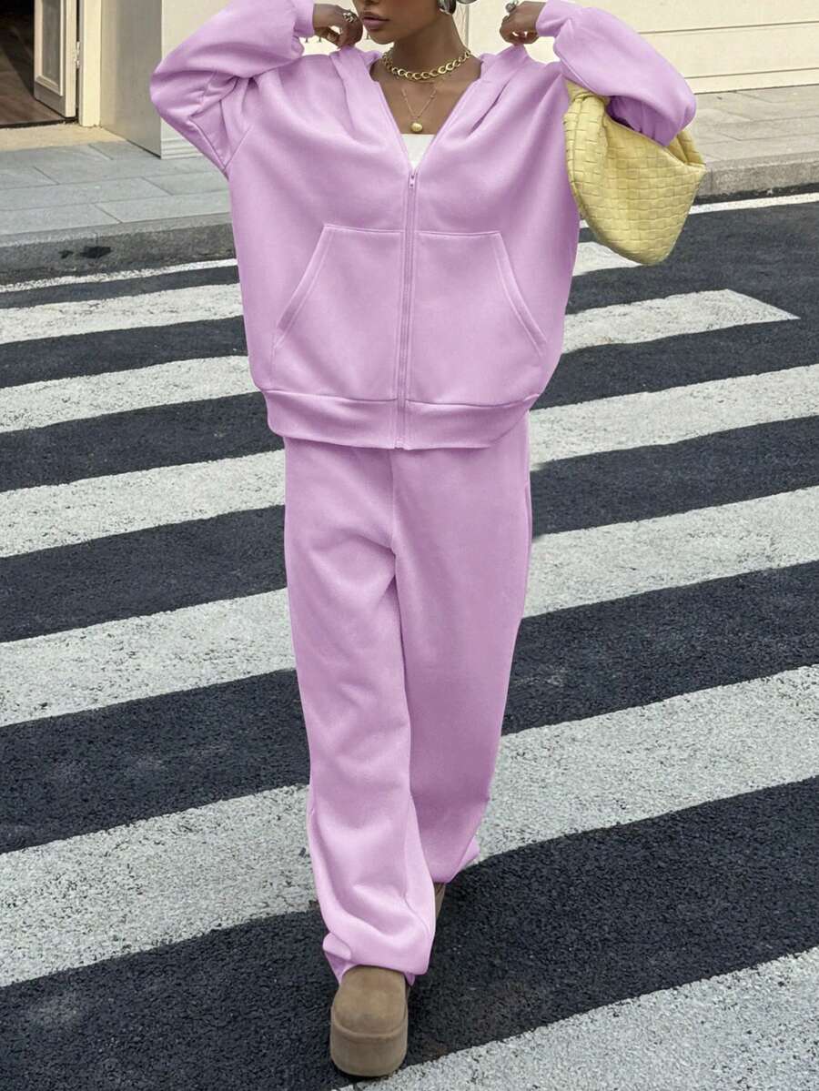 SHEIN 青少年女孩純色拉鍊口袋連帽衛衣與運動長褲套裝 - 紫色 - 查看 1