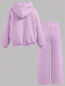 SHEIN 青少年女孩純色拉鍊口袋連帽衛衣與運動長褲套裝 - 紫色 - 查看 3