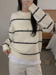 DAZY Women's Colorblock Striped Loose Long Sleeve Crew Neck Casual Vacation Spring Autumn Pullover Knit Sweater - White - View 7