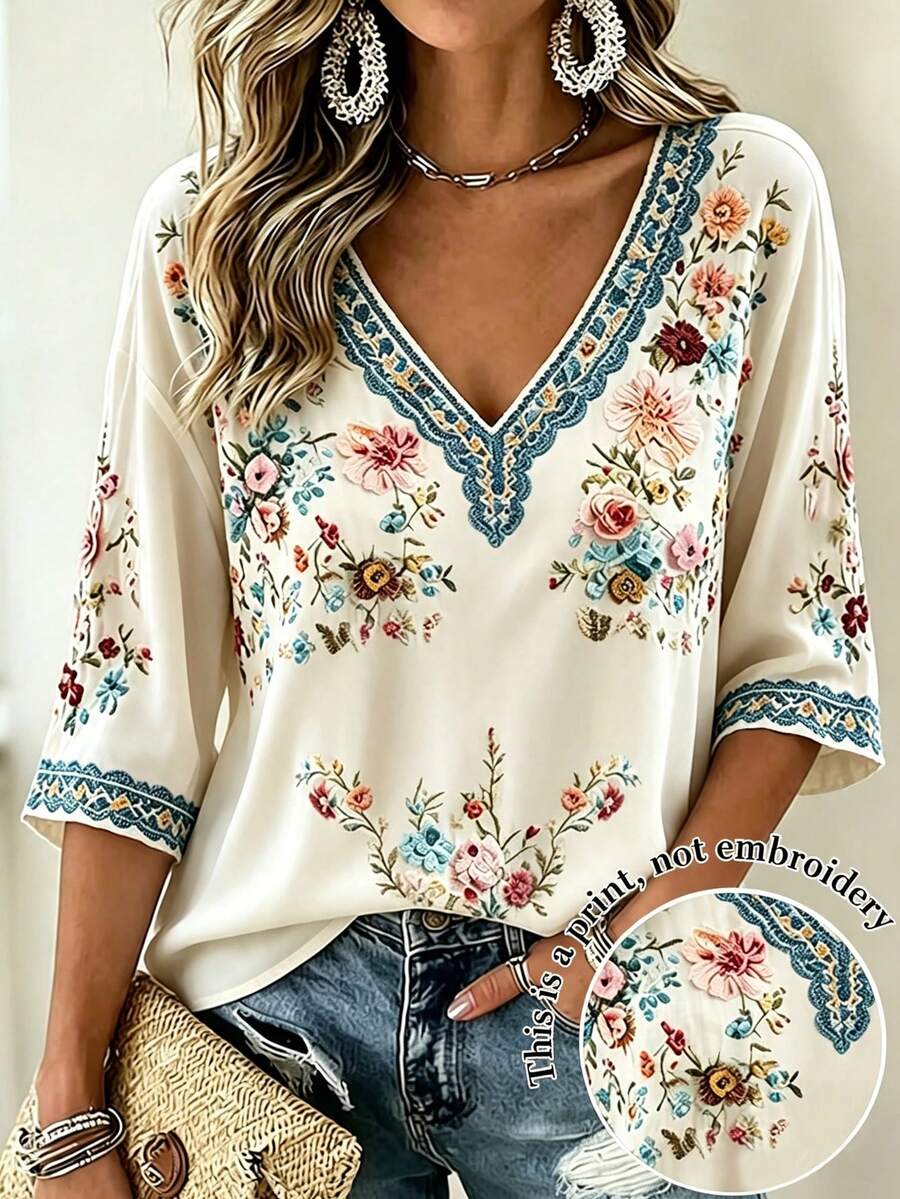 Selamara Plus Size Women's Floral Print Casual Versatile Daily Wear Top Fall - Multicolor - View 1