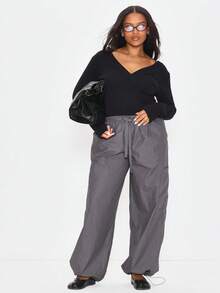 MUSERA Plus Size Black Knit V Neck Long Sleeve Top Spring Summer Casual Everyday Day Outfit Going Out - Black - View 5