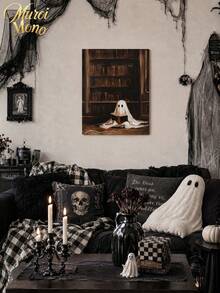 Muroi Mono 1pc Dark Academia Canvas Wall Art, Retro Painting Of Cute White Ghost Reading Book In Old Library, Gothic Spooky Art Print Poster, Home Aesthetic Wall Hanging Decor For Living Room Bedroom Halloween Decor - multicolor - View 3